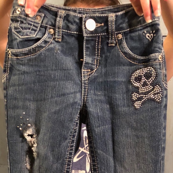 Justice girls Skull and Crossbones bling jeans Sz 10s - Picture 2 of 5